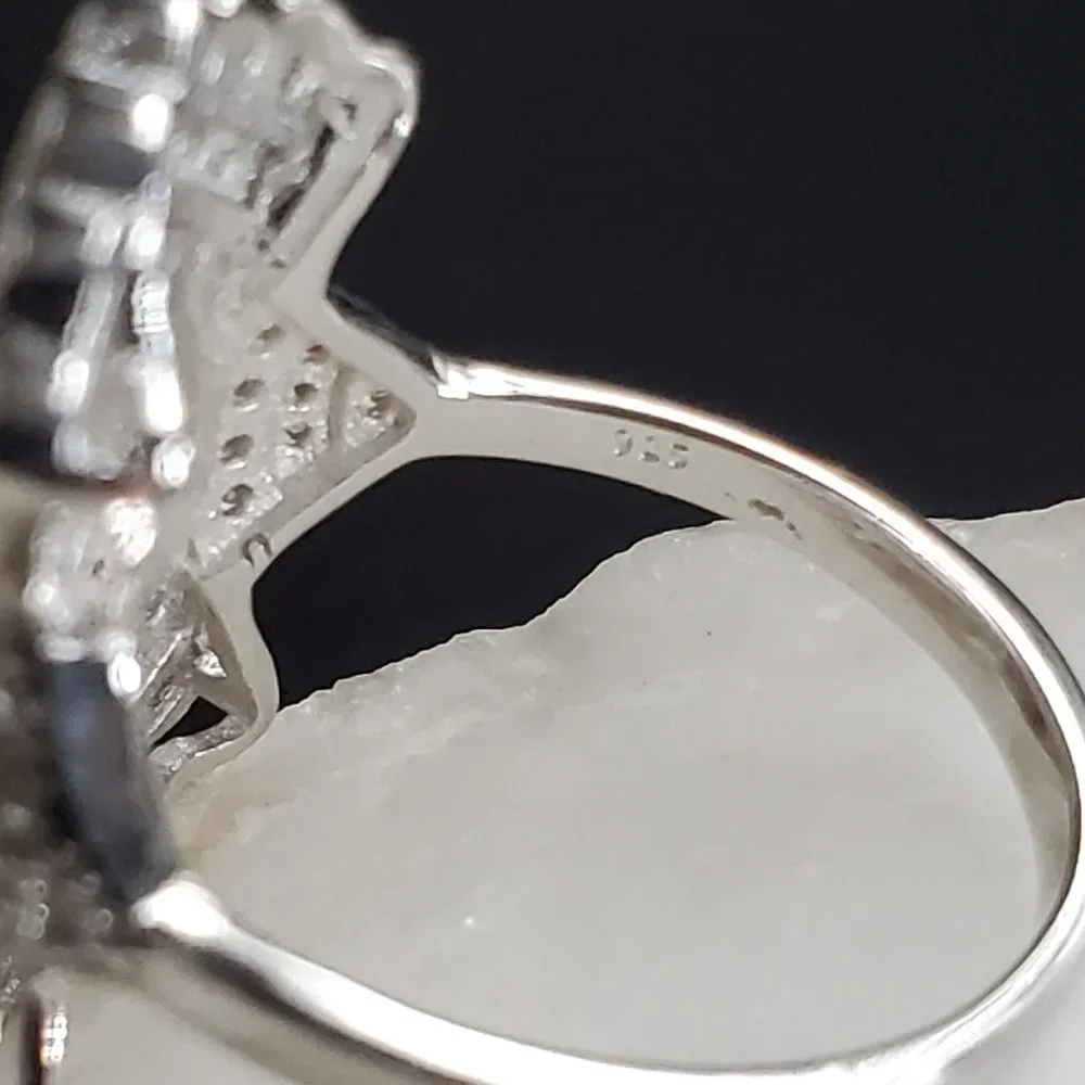 Sterling 925 Silver Ring Natural Opal Jewelry Black White Topaz Crystal
